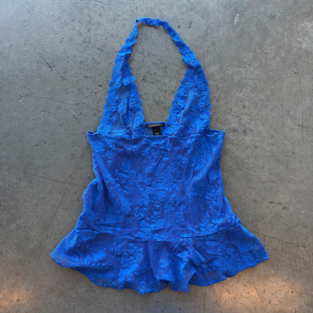 Vintage Y2k Victoria's Secret Blue Lace Halter Lingerie Chemise Baby Doll Top XL